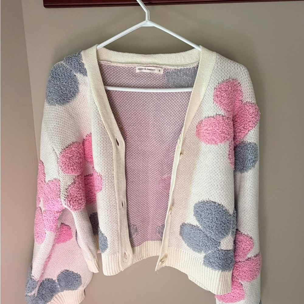 NWOT moon & madison Cream Cardigan with Pink and Gray Floral Design